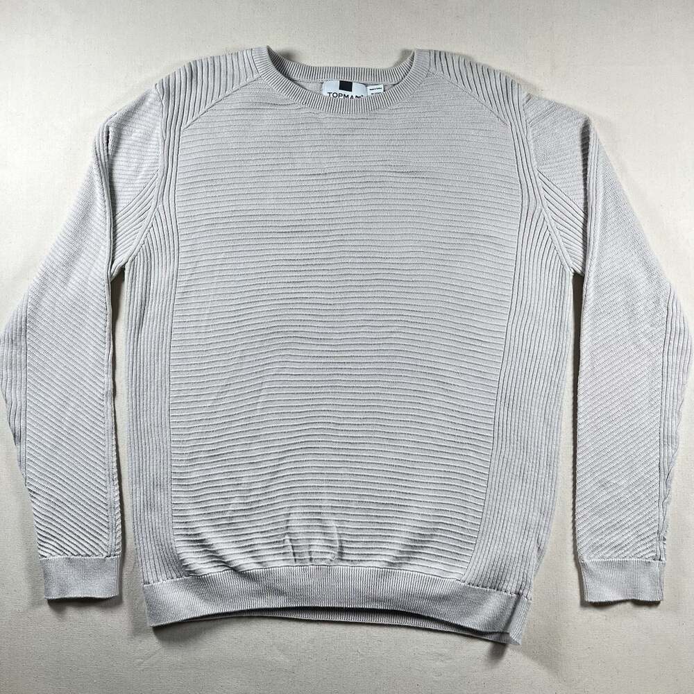 TOPMAN Men’s Cotton Knit Sweater Size L Light Gray Crew Neck Textured Pullover